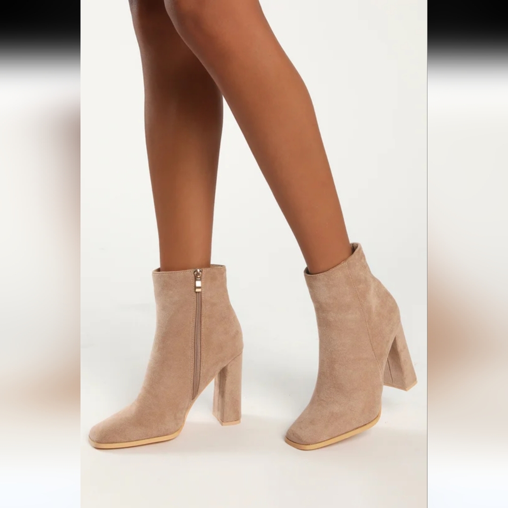 Lulu's Beige Suede Block Heel Ankle Boots